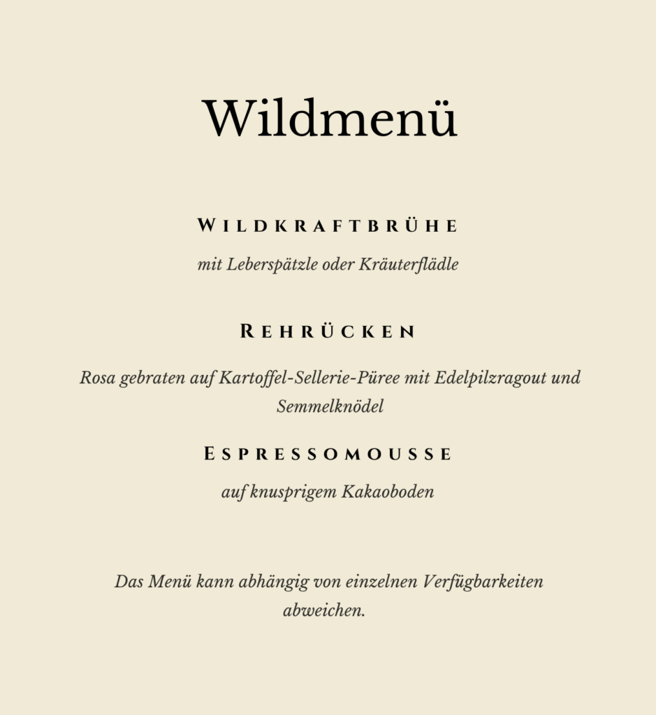 wild aus der region angebot im restaurant felsengarten im oberen donautal bei beuron hausen im tal