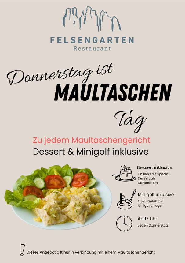 maultaschen tag angebot im restaurant felsengarten im oberen donautal bei beuron hausen im tal